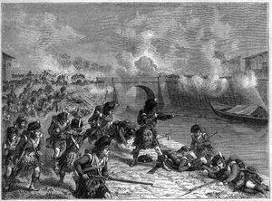Slag bij Toulouse: laatste slag tussen de Britse en Spaanse troepen onder Wellington tegen de Fransen 1814 - Slag bij Toulouse 10 april 1814 tussen de troepen van het keizerlijke leger onder bevel van Maarschalk Soult en de troepen van het Anglo-Hispano-Po door French School