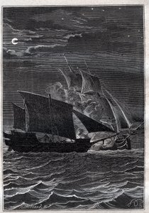 Slag van de Zwaluw en een Maleisische piraat: Het Zwaluwschip van Philip Carteret of Philippe de Carteret (1733-1796) vocht met een Maleisisch piratenschip in de Indonesische wateren in 1767 - illustratie uit 