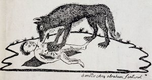 Beest verscheurt een kind (beest van de Gévaudan) - houtsnede gepubliceerd in Mende (Archives du Puy-de-Dôme)