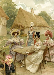 Mooie rijke vrouwen drinken thee op een boerderij