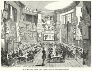 Beginnersklas in een gratis tekenschool, Frankrijk (gravure) door French School