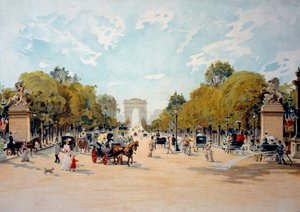 Belle Epoque: uitzicht op de Avenue des Champs Elysees en de Arc de Triomphe in Parijs. Anonieme aquarel uit 1895. Parijs, Decoratieve Kunsten door French School
