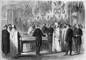 Ben Mahi Ed Din Abd El Kader (Abd El-Kader) (1808 - 1883) Algerijnse Emir bezoekt het Artilleriemuseum op 18 juli door French School