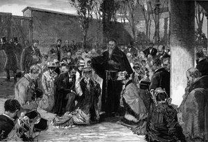 Zegen van de gelovigen in de binnenplaats van de Kapucijnen in de rue de la Sante in Parijs op 30 oktober 1880, voor hun uitzetting na de decreten van maart 1880 uitgevaardigd door Jules Ferry, die het recht om les te geven aan leden van niet-erkende relig door French School