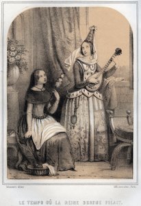 Berthe van Zwaben (Bourgondië) bekend als de Filandiere of de spinnende koningin (907-966) - gravure in 
