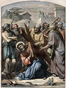 Bijbelse scène - Kruisweg: Jezus geholpen door Simon van Cyrene (de Cyreneeër). Gravure in 