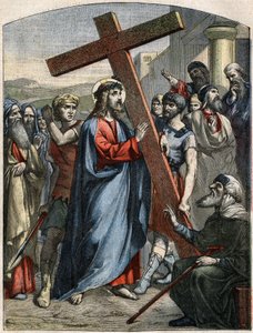 Bijbelse scène - Kruisweg: Jezus draagt het kruis. Gravure in 