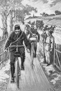 Fietspad voor postbodes: Swift projectbaan door M. Berruyer - in "Theoretisch en Praktisch Fietsen" door L. Baudry de Saunier, gravure, Bibl. de la ville de Paris. door French School