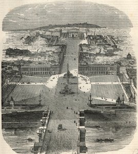 Vogelperspectief van Place de la Concorde, rue Royale met de kerk van de Madeleine - Gravure in 