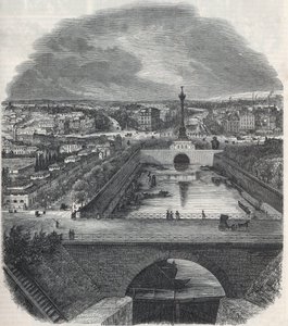 Vogelperspectief van het Canal Saint-Martin (Saint Martin), het plein en de wijk Bastille, genomen vanaf de rechteroever van de Seine - Gravure in 