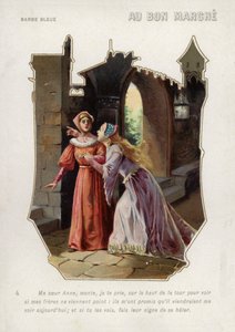 Blauwbaards vrouw zegt tegen haar zus, Anne, dat ze de toren van het kasteel moet beklimmen en uitkijken naar haar broers