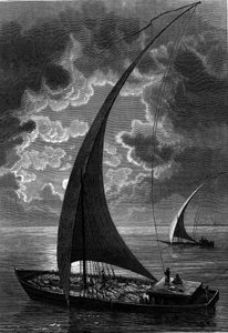 Boot (felouque) op de Nijl, Egypte. Gravure in 
