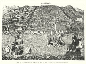 Bombardement van Algiers vanaf zee, in 1683; naar een gravure uit de XVIIe eeuw (gravure)