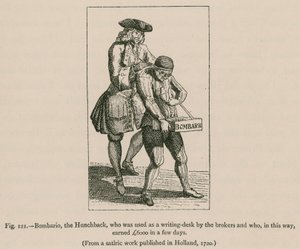 Bombario, de bultenaar, die als schrijftafel werd gebruikt door de makelaars en op deze manier £6000 verdiende in een paar dagen door French School