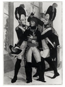 Bonaparte (1769-1821) beschermd door twee grenadiers tijdens de zitting in St. Cloud, 19 brumaire an 8 (10 november 1799), ca. 1800