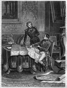 Bonaparte (1769-1821) wijst generaal Jean Joseph Dessolles (1767-1828) op een campagneplan voor het leger van de Rijn, maart 1800 - Gravure uit 1865 in 