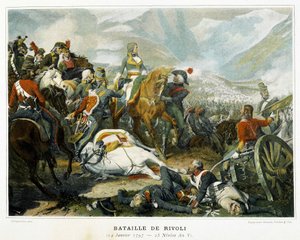 Bonaparte (midden), na zijn overwinning op de Oostenrijkers bij de Slag bij Rivoli (Italië) op 14 januari