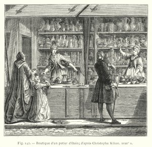 Winkel van een tinnegieter; naar Christophe Kilian, XVIIIe eeuw (gravure) door French School