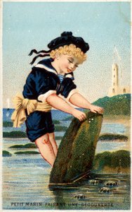 Jongen kijkt onder steen op strand door French School