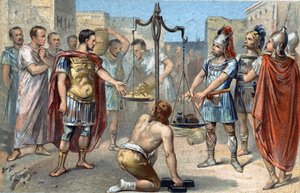 Brennus, leider van de Gallische stam van de Senonen, spreekt de noodlottige woorden Vae victis (Wee de overwonnenen!) uit terwijl hij zijn zware zwaard in de schaal werpt, die het gouden eerbetoon tegenwoog dat hij van de Romeinen eiste om het beleg van d