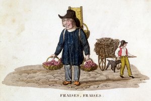 Bretonse aardbeienverkoper - gravure, begin 19e eeuw