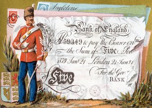 Britse soldaat die een Bank of England vijf pond biljet bewaakt, 1886-95 door French School