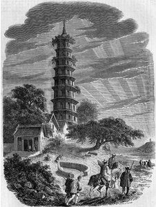 Boeddhistische architectuur: buitenaanzicht van de achthoekige pagode op Whampoa-eiland, China door French School