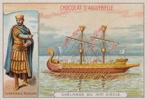 Burchard, militaire commandant van het bewind van Karel de Grote, en een 9e eeuws oorlogsschip door French School