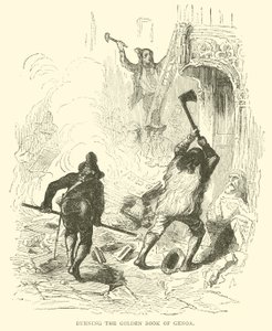 Het verbranden van het Gouden Boek van Genua (gravure) door French School