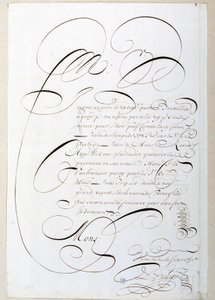 Calligrafie: Brief van rekeningen gecalligrafeerd rond 1678 door Francois de Bruyn. Historische Bibliotheek van de Stad Parijs