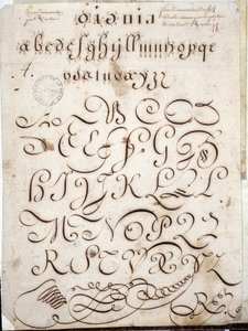 Calligrafie: Manuscriptstuk van rond op velijn versierd met arabesken rond 1813 door Sebastien Royllet. Historische Bibliotheek van de Stad Parijs door French School