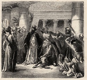 Cambyses II, heerser van de Achaemenidische Perzen doodt de Apis de Heilige Stier van de Egyptenaren - Cambyses of Cambyse II (530-522 v.Chr.) gravure uit 