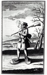 Canadees met sneeuwschoenen gaat ten strijde in de sneeuw, uit Histoire de lAmerique septentrionale door Bacqueville de La Potherie (1663-1736) gepubliceerd in 1753