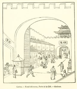 Canton, Kouai-lak-moun, Stadspoort, Vogelvangers (gravure) door French School