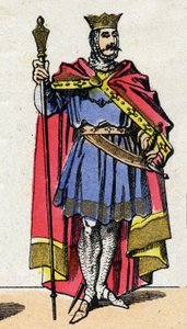 Capetingische dynastie: Portret van Hugo Capet (940-996), koning der Franken van 987 tot 996. Epinal afbeelding uit het einde van de 19e eeuw. Privécollectie door French School