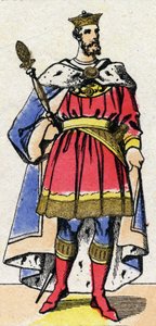 Capetingische dynastie: Portret van Filips I van Frankrijk (1052-1108) koning van de Franken van 1060 tot 1108. Epinal afbeelding eind 19e eeuw. Privécollectie. door French School