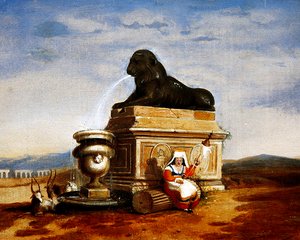 Capriccio van Romeinse overblijfselen met een Italiaanse boerin die spint, ca. 1825