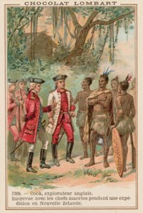 Kapitein James Cook ontmoet Maori-hoofden in Nieuw-Zeeland, 1769