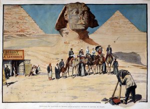 Karavaan van toeristen gefotografeerd voor de sfinx van Gizeh (Guiseh, Giza, Gizeh) door French School