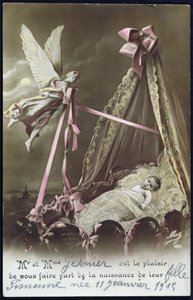 Kaart die de geboorte van een baby aankondigt, 11 januari 1915 (gekleurde foto)