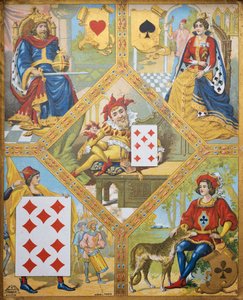 Kaartspel, plaat met hartenkoning, schoppenvrouw, ruitentien en klaverenboer, dwerg Lindoro met ruitenzeven in het midden, Frankrijk