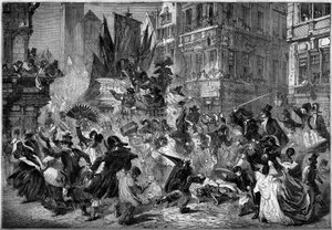 Carnavalscène in de straten van Antwerpen (België) in 1860. Gravure in 