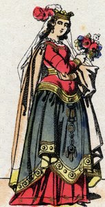 Karolingische dynastie: Portret van Hildegarde van Vintzgau (ca. 758-783), echtgenote van Karel de Grote (Carolus Magnus, 742-814). Epinal afbeelding uit het einde van de 19e eeuw. Privécollectie door French School