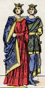 Karolingische dynastie: Portretten van Lodewijk III, koning van de Franken en van Carloman II, koning van de Franken. Epinal afbeelding eind 19e eeuw. Privécollectie. door French School