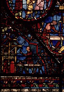 Timmerlieden aan het werk, detail uit het leven van Sint Julianus de Hospitaller raam in de noordelijke omgang