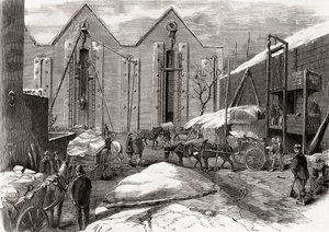 Het ijs vervoeren bij de ijsopslag van Mr Charles, Lindsey House, Londen, uit 
