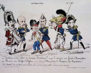 Cartoon over de Commune News - Hoeveel troepen heb je verzameld, Paladine? - Ik breng een landwacht. En ik ben een Zwitserse kerk. - (Vinoy) Ik houd de brandweerman van Nanterre vast - (In het hart) Het is goed, het is goed, we zullen Parijs eindelijk tot  door French School