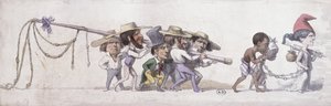 Cartoon die Frankrijk afbeeldt als de slavenhandelaar van zijn koloniën, ca. 1845-48 door French School