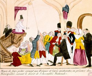 Cartoon van Franse aristocraten en geestelijken die de eed van trouw aan de Republiek afleggen