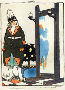 Cartoon van een Duitse dame teleurgesteld dat ze haar nieuwe kleren niet in Parijs kan kopen in de rue de la Paix, uit de 1 april editie van La Baionette magazine, 29 maart 1917 door French School